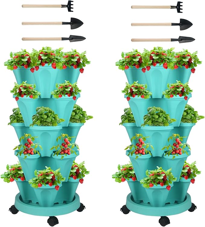 Vertical Planter 5 Tier Stackable Planters Garden Planters Strawberry Herb Flower and Vegetable Planter Indoor Outdoor Gardening Pots with Removable Wheels and Tools-Ruum Studio Home