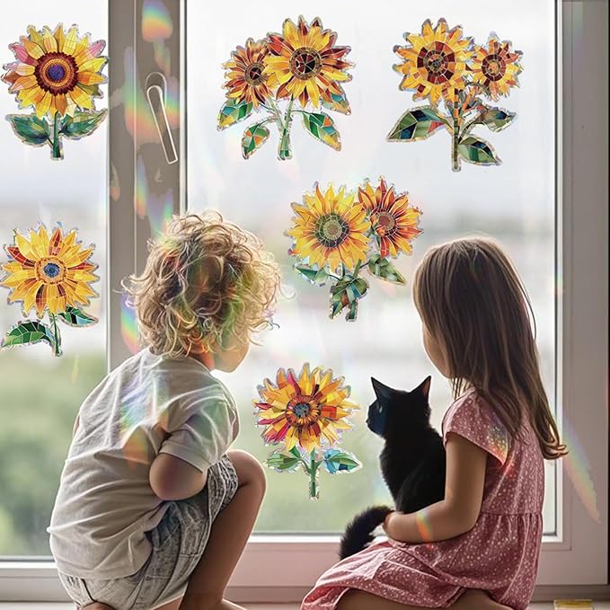 12pcs Window Decals for Bird Strikes, Anti Collision Window Clings, Rainbow Reflection Window Sticker, Sunflower Style Sun Catcher Stickers for Glass Windows-Ruum Studio Home