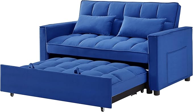 3 in 1 Convertible Sleeper Sofa Bed,Futon Loveseat Couch with Pull-Out Bed & Adjustable Backrest,Velvet Fabric Sofa with Side Pocket for Small Apartment, Living Room, Office (Blue)-Ruum Studio Home