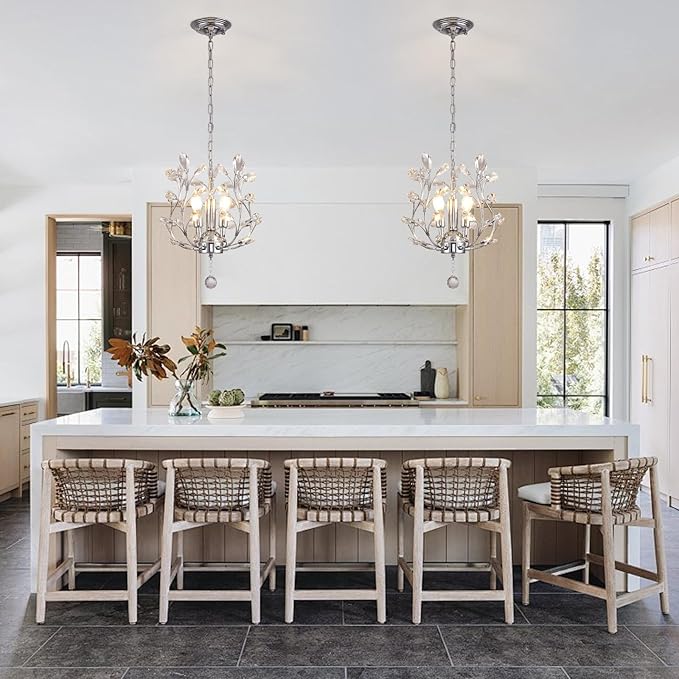 Ganeed 3-Light Branch Crystal Chandelier, Small Flush Mount Vintage Pendant Hanging Lighting, K9 Crystal Farmhouse Ceiling Light for Dining Room Bedroom Living Room Kitchen Hallway, Chrome Silvery-Ruum Studio Home