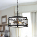 13" Industrial Drum Glass Chandelier, 3-Light Rustic Hanging Pendant Lights, Metal Round Lighting Fixture for Dining Room Foyer Entryway Hallway Bedroom, Clear Waterglass Drum Shade-Ruum Studio Home
