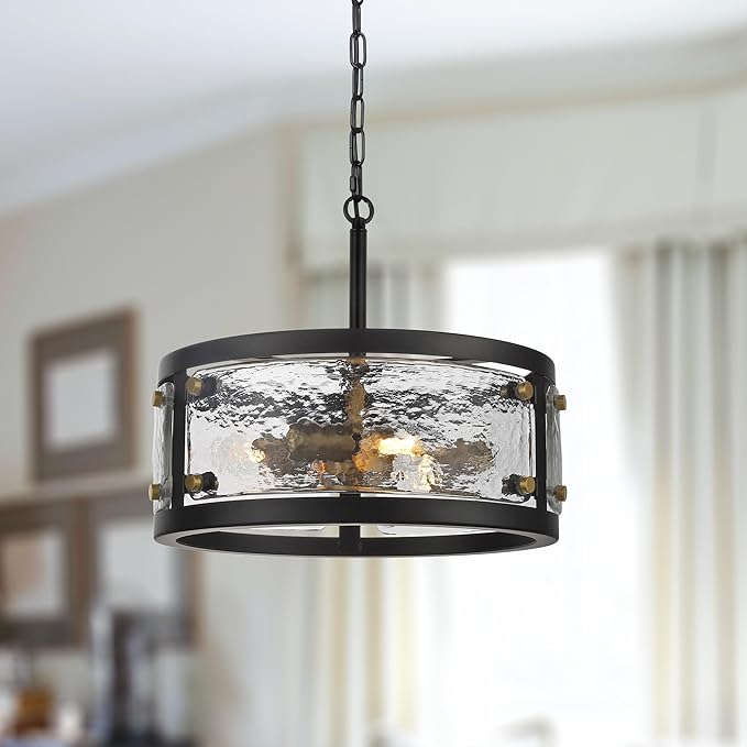 13" Industrial Drum Glass Chandelier, 3-Light Rustic Hanging Pendant Lights, Metal Round Lighting Fixture for Dining Room Foyer Entryway Hallway Bedroom, Clear Waterglass Drum Shade-Ruum Studio Home