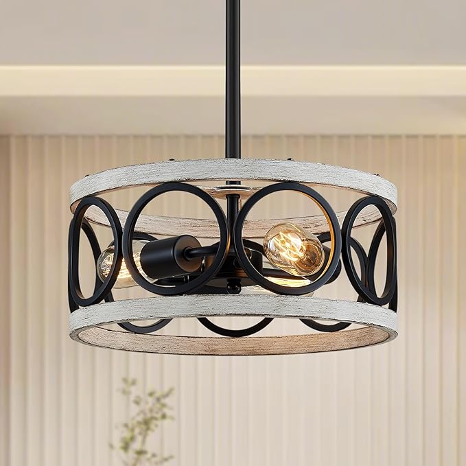 XINGQI White Chandelier 3-Light Modern Ceiling Light Rustic Wood Grain Adjustable Height Pendant Lighting Fixture 13" Round Metal Lamp for Dining Room Kitchen Bedroom Foyer Hallway-Ruum Studio Home