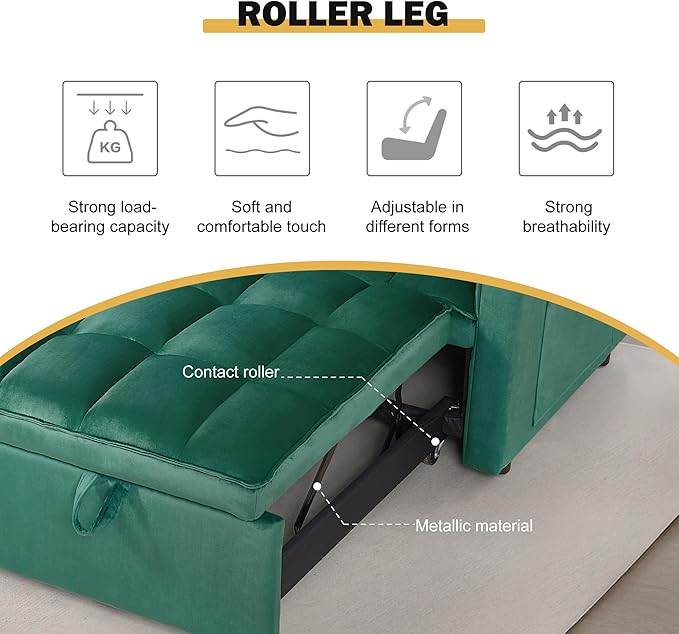 3 in 1 Sleeper Sofa Bed, Futon Sofa Bed for Living Room with Side Pocket, Green Sleepers Sofas Couch with Pullout Beds, Convertible Love Seat Sleepers Couch for Living Room, Bedroom-Ruum Studio Home