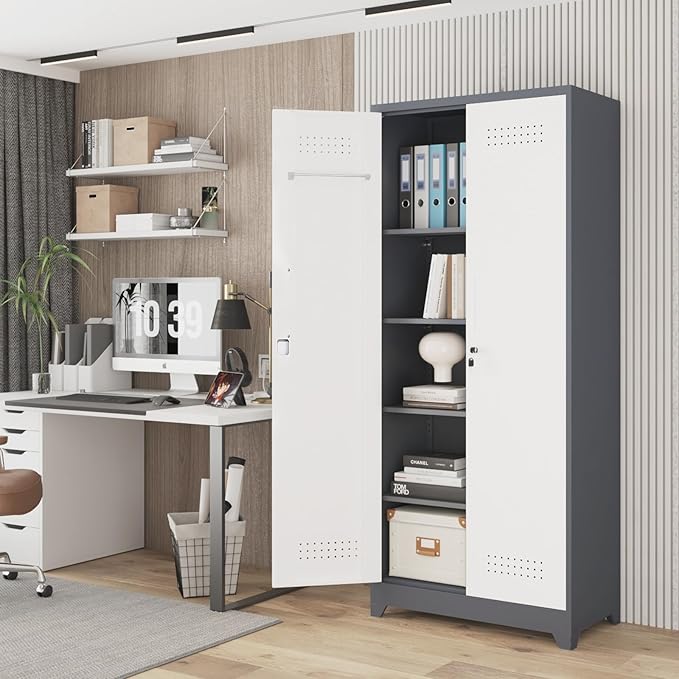 Garage Storage Cabinet,Broom Closet with Lock,Locking Cabinets with Hanging Rod & S-Hooks for School,Garage,Grey-White-Ruum Studio Home
