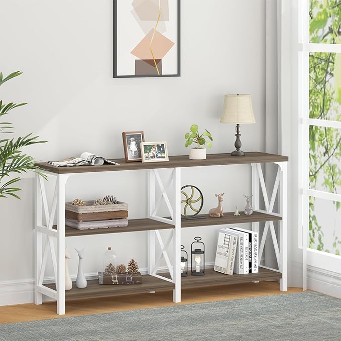 LVB Farmhouse Entryway Table, Industrial Wood Sofa Table with Storage Shelf, Modern Console Tables Behind Couch for Living Room, Wooden Hallway Foyer Table for Front Entry, White Rustic Oak, 55 Inch-Ruum Studio Home
