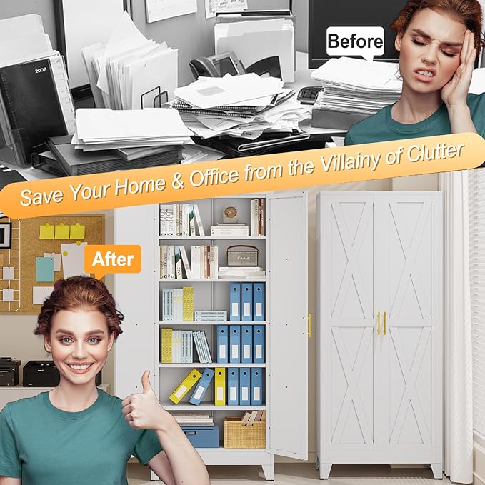 75" Tall Metal Kitchen Pantry Storage Cabinet, Freestanding Cupboard with 2 Doors and 5 Adjustable Shelves, Standing Storage for Kitchen, Bathroom, Garage, Dinning Room or Utility Room（White）-Ruum Studio Home