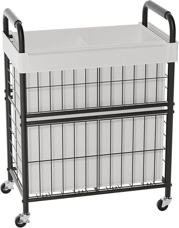 Laundry Hamper 2 Section, 110L Rolling Laundry Sorter Basket with Wheels, 2 Compartment Clothes Organizer Cart, Pull-Out Removable Bags for Laundry Room, Bathroom, Bedroom, White-Ruum Studio Home