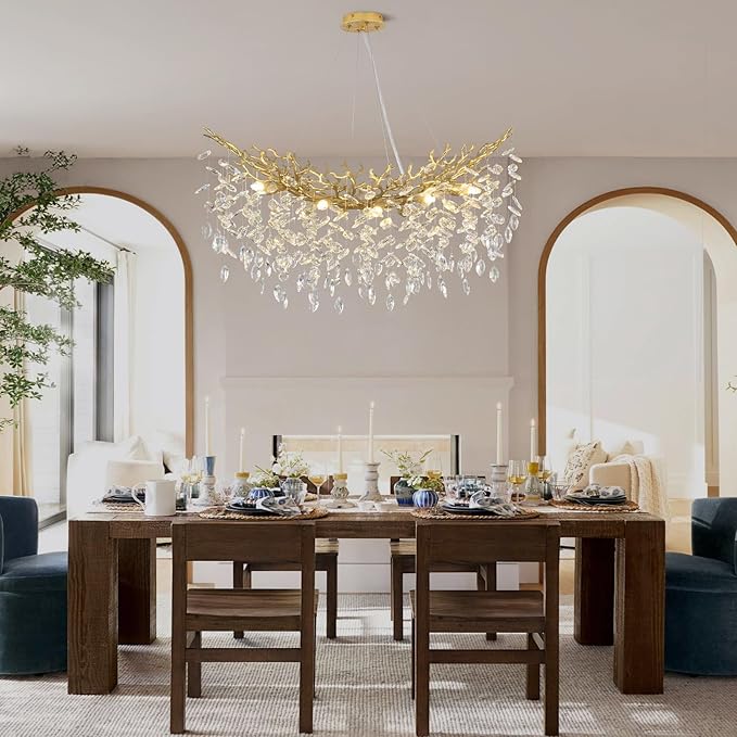 Modern Crystal Gold Chandelier, 36" Large Rectangular Oval Tree Branch Crystal Chandeliers for Dining Room,16-Light Flush Mount K9 Crystal Chandeliers, for Kitchen Island,Dining Room-Ruum Studio Home