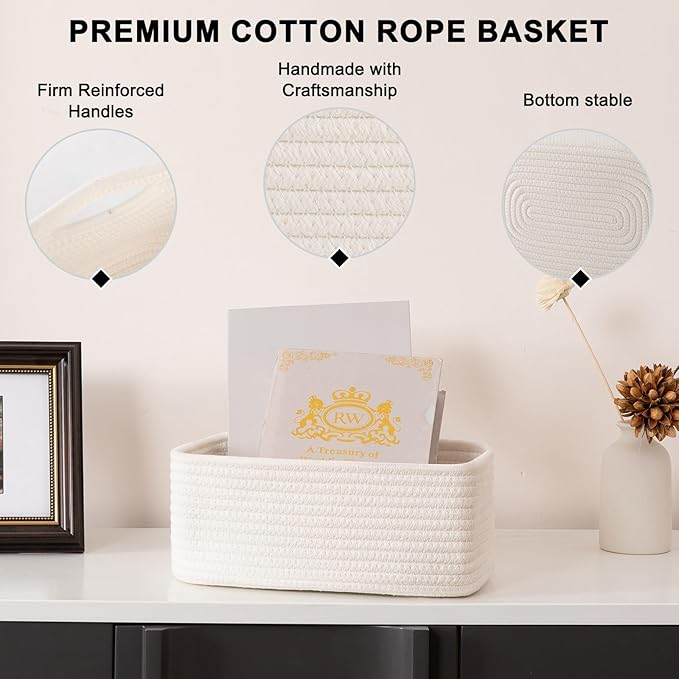 4 Pack Small Storage Shelf Baskets for Organizing, Mini Woven Rope Storage Bins for Towels, Cute Decorative Closet Organizer，Baby Nursery, Gift Empty Baskets -11.81''Lx7.87''Wx4.72''H-White-Ruum Studio Home