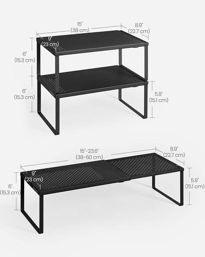 SONGMICS Spice Racks, Set of 2 Expandable Kitchen Countertop Shelves, Small Cupboard Organizers, Metal, Space-Saving Tabletop Shelves, Matte Black UKCS402B01-Ruum Studio Home