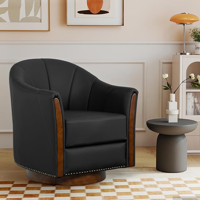 360° Swivel Accent Chair, Modern Leather Barrel Club Chair with PU Leather Upholstery and Sturdy Wood Base, Comfortable Armchair for Living Room, Bedroom, Reading Nook, Black-Ruum Studio Home