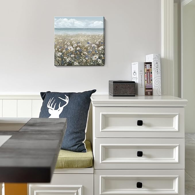 Canvas Wall Art Beach Floral Wall Picture Coastal Boho Farmhouse Daisy Flowers Nautical Sea Ocean Wildflowers Canvas Print Vintage Artwork for Small Rustic Bathroom Bedroom Living Room Office Décor-Ruum Studio Home