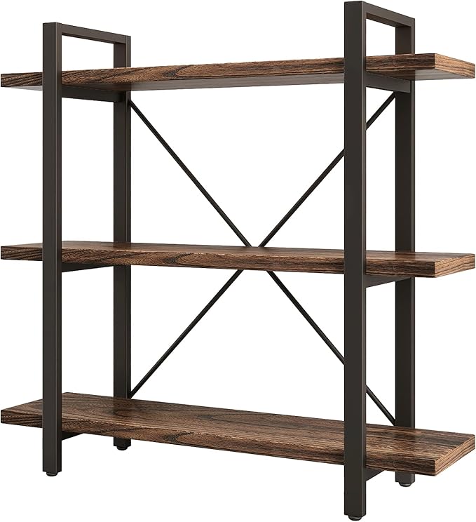 3 Tier Bookshelf Modern Rustic Open Bookshelf Office Solid Wood Bookcase and Book Shelves Wood and Metal Shelving Unit,Distressed Brown (AY-02-3Tier)-Ruum Studio Home