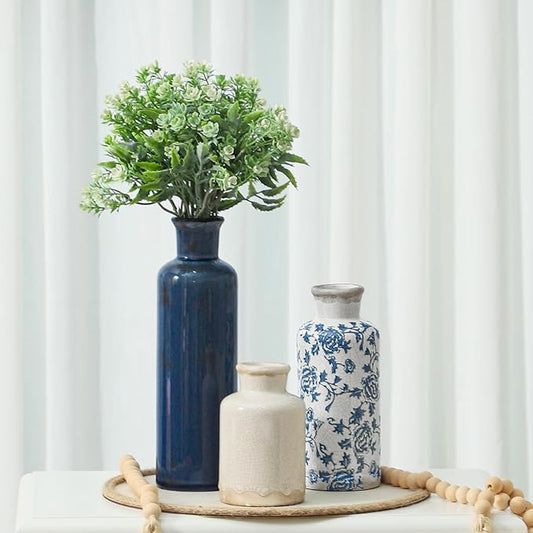Ceramic Vintage Vases Set of 3, Blue and White Flower Decorative Vase Chinoiserie Decor Rustic Farmhouse Retro Floral Vases for Table Bookshelf Mantel Kitchen Living Room Office-Ruum Studio Home
