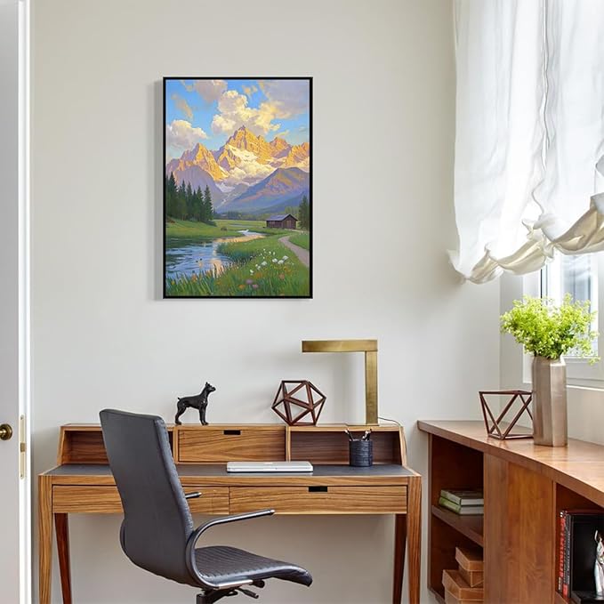 The mountain stream and lawn scenery under the sun is suitable for posting in the living room bedroom office landscape poster wall painting-Ruum Studio Home