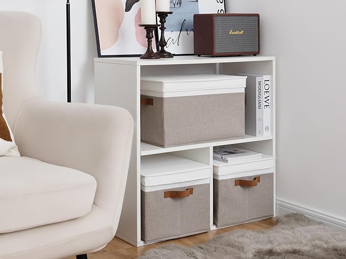 StorageWorks Storage Bins with Lids, Decorative Storage Boxes with Lid and PU Handles, Foldable Storage Baskets for Closet, Shelves, Stackable, Brown and White, Jumbo, 3-Pack-Ruum Studio Home