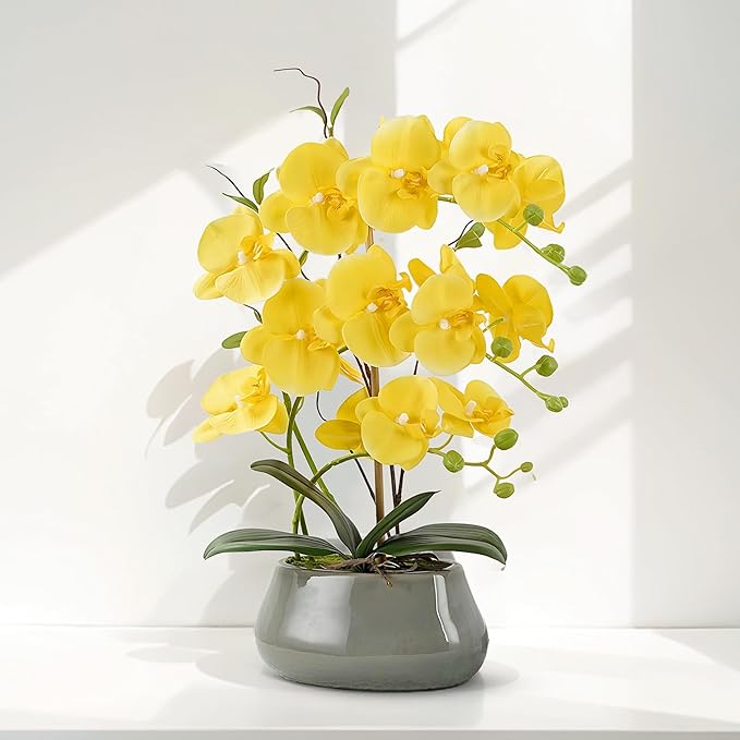 Orchid Artificial Flowers with Gray Vase Large Silk Faux Phalaenopsis Flowers for Dining Room Table Floral Centerpieces Indoor Decoration,Yellow-Ruum Studio Home