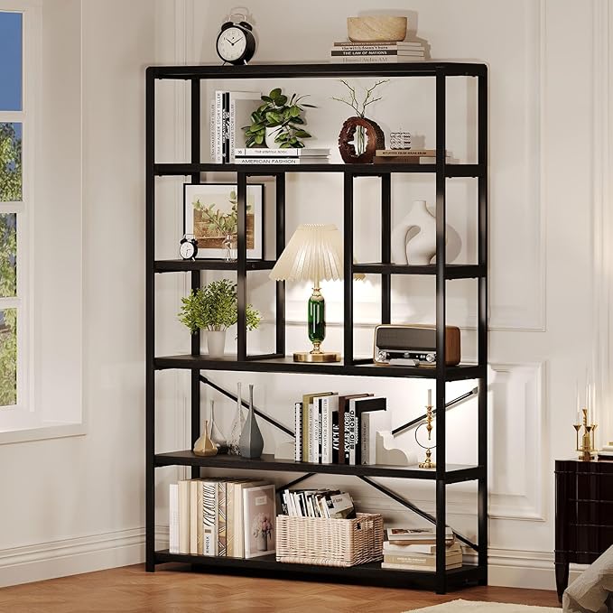 LVB 6 Tier Tall Black Bookshelf, Modern Large Wide Book Rack Storage, Industrial Wood Metal Etagere 6 Shelf Bookcase, Farmhouse Open Display Book Shelf Organizer for Bedroom Living Room Office, Black-Ruum Studio Home