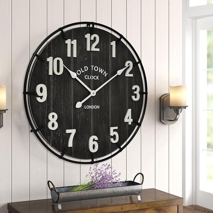 Large Old Town Farmhouse Wall Clock – 24 Inches Rustic Antique Wood with Metal Circle and Large Numerals, Silent Battery Operated Clock for Office, Kitchen, Bedroom, Living Room (Black)-Ruum Studio Home