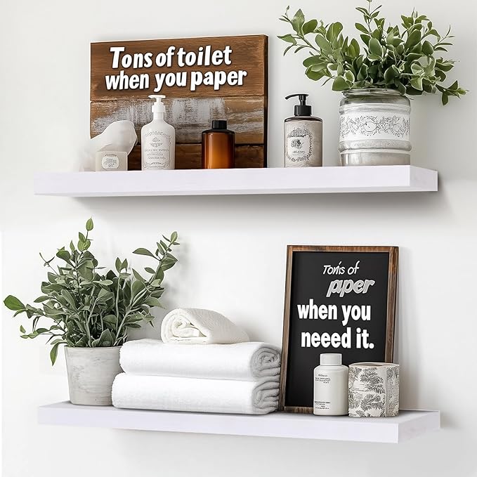 24"x6.8"x1.2" Solid Wood Floating Shelves 2-Pack - Rustic White Finish with Hidden Brackets, Perfect for Storage and Décor in Living Room, Kitchen, Bedroom-Ruum Studio Home