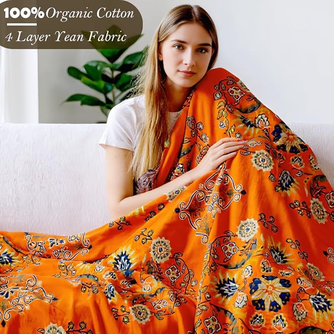 Boho Large Throw Blanket, 100% Organic Cotton Breathable Soft Bed Throw - Floral Farmhouse Decor Blanket for Sofa Couch Chair and Gift. 91" x 98"- Orange-Ruum Studio Home