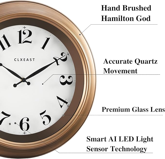 CLXEAST 18 Inch Glow in The Dark Wall Clocks for Living Room Decor, Large Illuminated Gold Wall Clock,Antique Brushed Gold,House Warming Gifts New Home