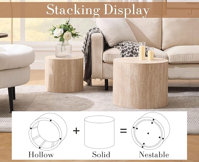 CIMOTA Round Wood Nesting Coffee Table Set of 2, Modern Circle Travertine End Side Table Sets for Living Room, Light Wooden Color/No Assembling-Ruum Studio Home