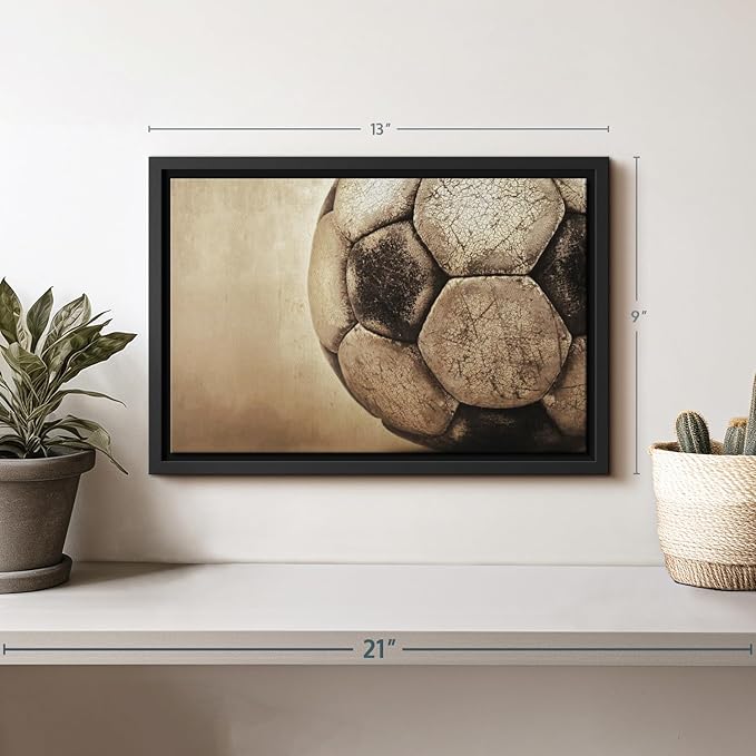 Elephant Stock Worn Soccer Ball Wall Art - Horizontal Framed Canvas - 1-Piece Living Room Wall Decor - Photography sports Canvas Print - Brown and Gray Decor for Wall - 13" X 9"-Ruum Studio Home