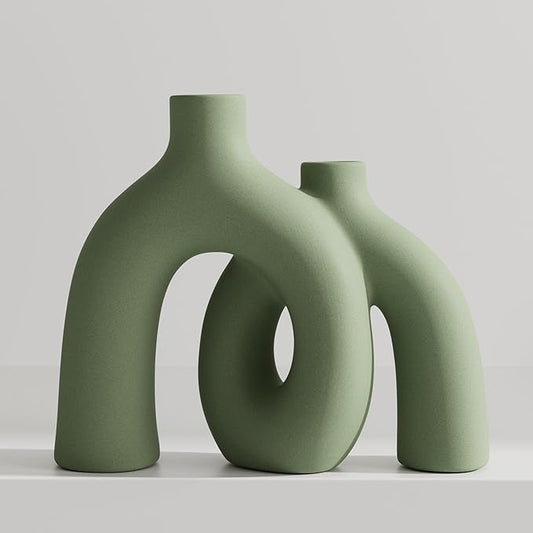 Hug Donut Decorative Vase Set - Sage Green Modern Nordic Boho Style Vases Home Decor,Matte Ceramic Decorations for Living Room Shelf, Bookshelf Mantle Entryway Table or Console Décor(Green)-Ruum Studio Home