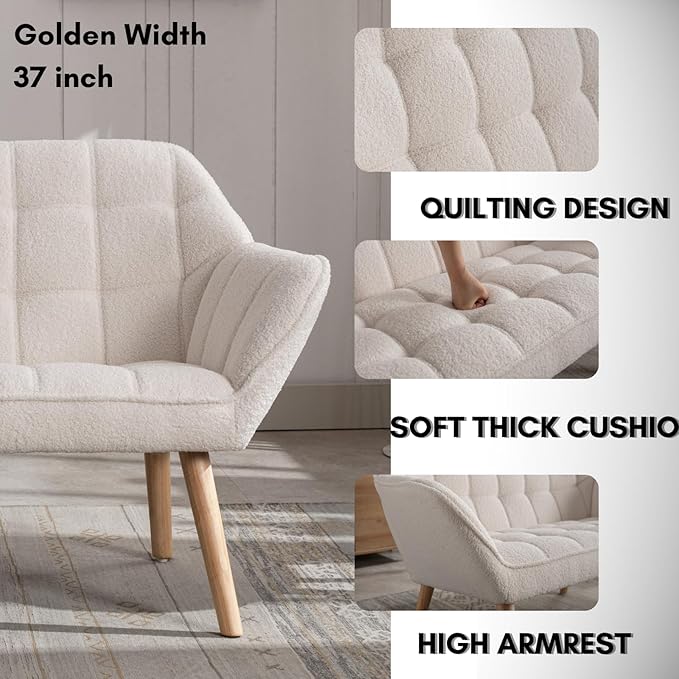 48”Small Loveseat Sofa, Modern Sherpa Upholstered Mini Couch 2-Seater Fluffy Love Seat with Quilting Backs and Wood Legs for Living Room, Bedroom and Small Space, White-Ruum Studio Home