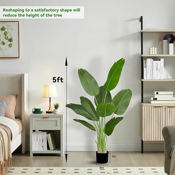 Lifelike Bird of Paradise Silk Artificial Plant Faux Banana Leaf Tree for Home Decor - Perfect Indoor Floor Plant with 9 Trunks (1, Black Planter, 5 FT)-Ruum Studio Home