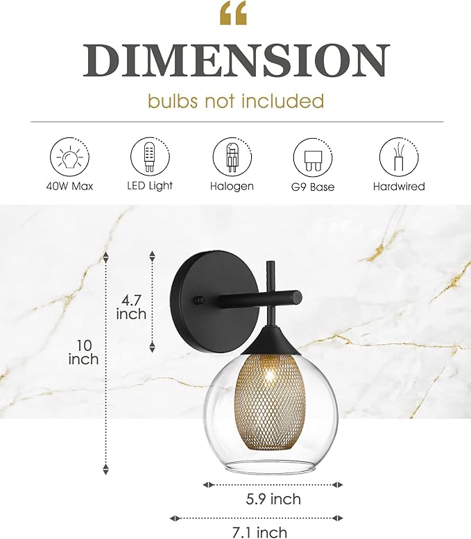 Black Wall Sconce Set of 2, Bathroom Vanity Light Fixture with Clear Glass and Honeycomb Metal Shade, Sconces Wall Lighting for Mirror Bedroom Hallway, AD-22001-1W2-BK-Ruum Studio Home