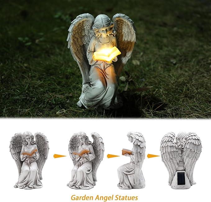 Angel Statue Outdoor Decor, Elegant Angel Garden Statues Reading Book with Solar LED Lights Yard Decorations Lawn Ornaments Figurines Resin Sculpture for Outside, Angel Gardening Gifts-Ruum Studio Home