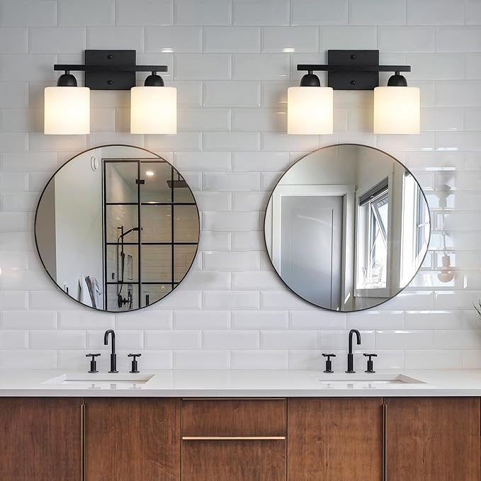 Milk Glass Vanity Lights for Bathroom, 2 Light Matte Black Bathroom Light Fixtures Over Mirror, Ceramic E26 Sockets Wall Mounted-Ruum Studio Home