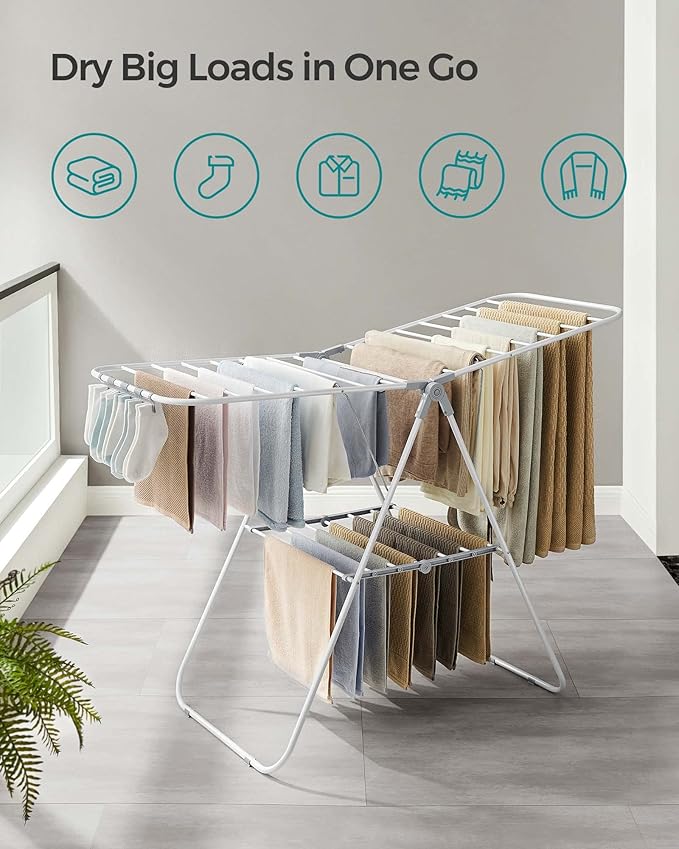 SONGMICS Clothes Drying Rack, with Sock Clips, Metal Laundry Rack, Foldable, Space-Saving, Free-Standing Airer, with 2 Height-Adjustable Gullwings, Indoor Outdoor Use, White and Gray ULLR052W02-Ruum Studio Home