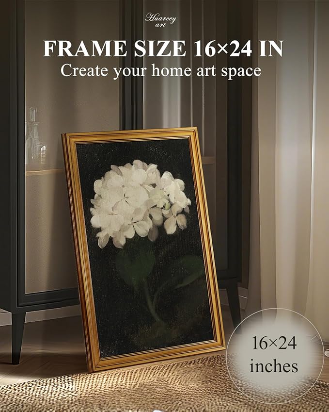 HUARCEY Gold Framed Vintage Wall Art for Living Room, Flowers Painting Canvas Prints Shelf Decor for Kitchen, Aesthetic Bedroom Wall Art, Christmas Gifts for Friends Family (White Hydrangea 16"x24")-Ruum Studio Home