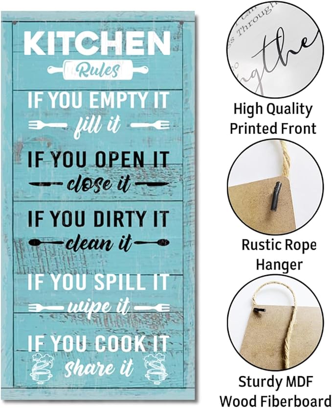 Hanging Kitchen Rules Wood Decor Sign, Rustic Kitchen Wooden Signs, Printed Wood Wall Art Sign, Kitchen Door Rules Rustic Sign, Hanging Wood Sign Kitchen Decor, Funny Farmhouse Kitchen Wall Décor G1-Ruum Studio Home