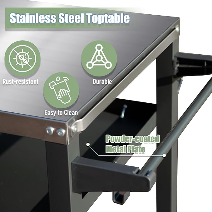 Domi 3-Shelf Outdoor Grill Table, Grill Cart Outdoor with Wheels, Pizza Oven and Food Prep Table, Blackstone with Stainless Steel Tabletop, BBQ Stand for Blackstone Griddle for Outside BBQ-Ruum Studio Home
