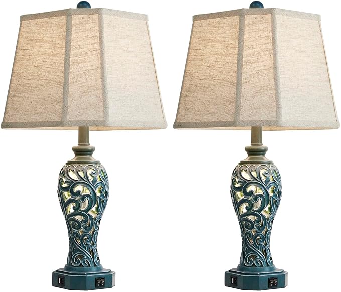 25'' Farmhouse Table Lamps Set of 2 for Living Room Bedroom, 2 USB Ports Coastal Vintage Table Lamp with Nightlight, Blue Green Hollow Out Resin Lamp for End Table (Bulbs Included)-Ruum Studio Home