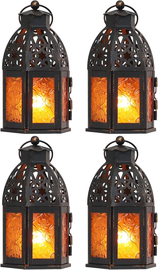 NEEDOMO Set of 4 Moroccan Candle Lantern, 9" Ramadan Lanterns Decorative Indoor Outdoor, Vintage Candle Holder for Chritsmas, Halloween, Table, Patio, Porch, Shelf, Ramadan Decorations (Amber)-Ruum Studio Home