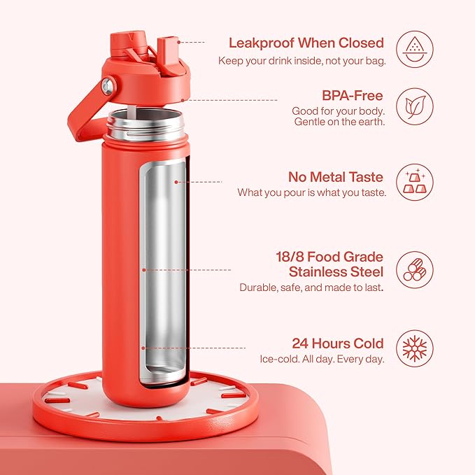 Insulated Water Bottle with Straw - Encool Stainless Steel Water Bottle, Leak-Proof, BPA-Free, Double Wall Vacuum Keeps Cold for 24 Hours for Sports, Travel, School (26 oz, Tawny Orange)-Ruum Studio Home