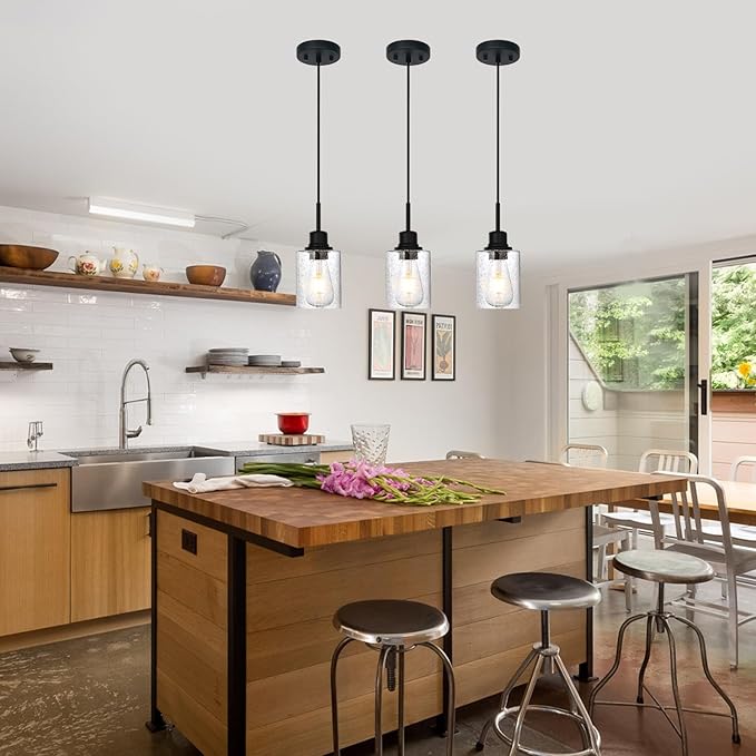 Modern Farmhouse Mini Chandeliers 3 Pack Black Pendant Lights Kitchen Island with Seeded Glass, Dining Room Lighting Fixtures Hanging Ceiling for Sink Bar Hallway Porch Corridor Bedroom-Ruum Studio Home