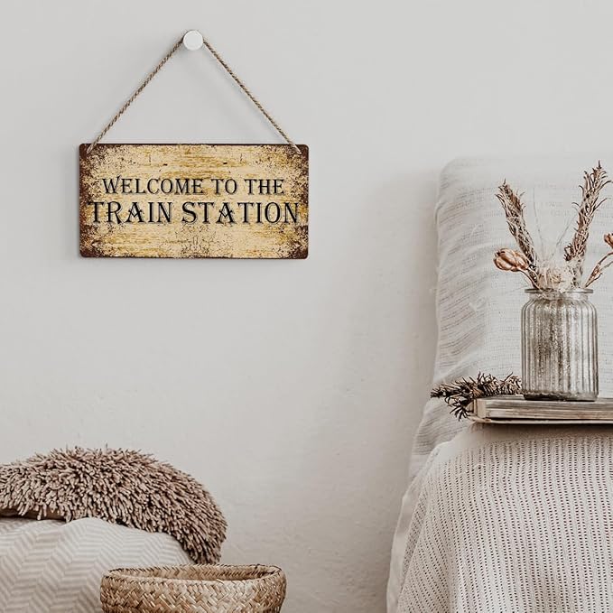 SENJIAN Rustic Train Station Wood Decor Sign, Retro Welcome to the Train Station Printed Wood Sign Wall Art, Hanging Door Sign, Decorative Wood Sign Home Decor 12" x 6"-Ruum Studio Home
