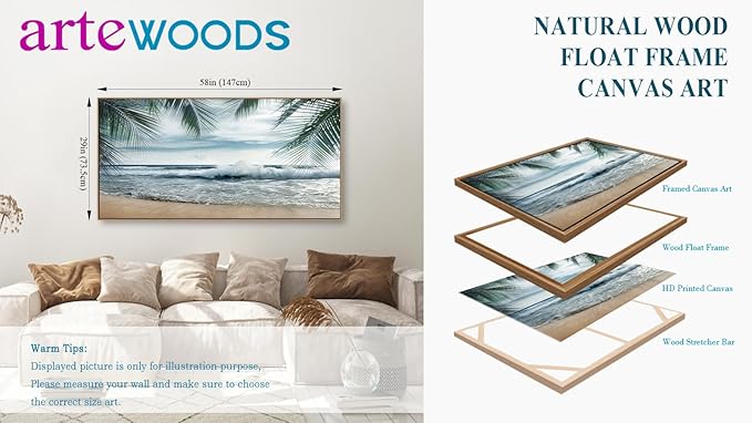 Framed Tropical Beach Wall Art - Ocean Waves Canvas Pictures Coastal Blue Sky and Sea Print Seaside Palm Tree Leaves Scene Painting Artwork Living Room Bedroom Office Home Decor 29" x 58"-Ruum Studio Home