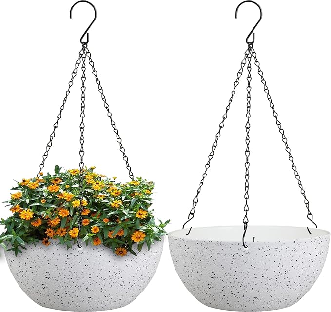 10 inch Hanging Planters for Outdoor Indoor Plants with Drainage Holes and Chain, 2 Pack Round Hanging Flower Plant Pots for Garden Home Porch Decor, Speckled White-Ruum Studio Home