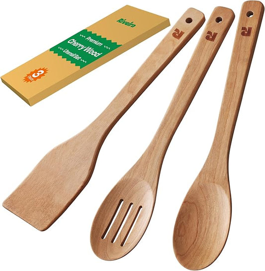 Riveira Cherry Wooden Spoons for Cooking Set of 3 – Natural Cherry Wooden Cooking Utensils, Wooden Spatula, Wooden Spoon - Premium Quality Wooden Utensil Set for Non-Toxic Cooking-Ruum Studio Home