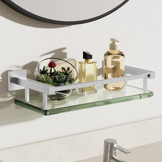 Alise Glass Shelves for Bathroom Wall, Tempered Glass Bathroom Shelf Wall Mounted, Modern Space Saving Floating Shelves 12 inch, Brushed Nickel-Ruum Studio Home