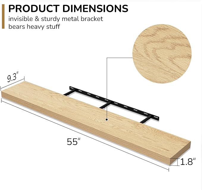 Fun Memories 55 Inch Floating Shelves - 9 Inch Deep Rustic Wooden Wall Shelves - Extra Deeper & Thicker Wall Mounted Storage Shelf for Living Room, Kitchen, Farmhouse - 55" W x 9" D x 1.8" H - Oak-Ruum Studio Home