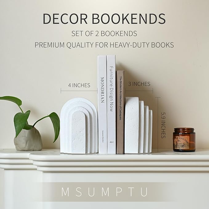 Decorative Bookends for Shelves, Set of 2 Book Ends for Heavy Books, Layered Arch Design White Bookend-Ruum Studio Home
